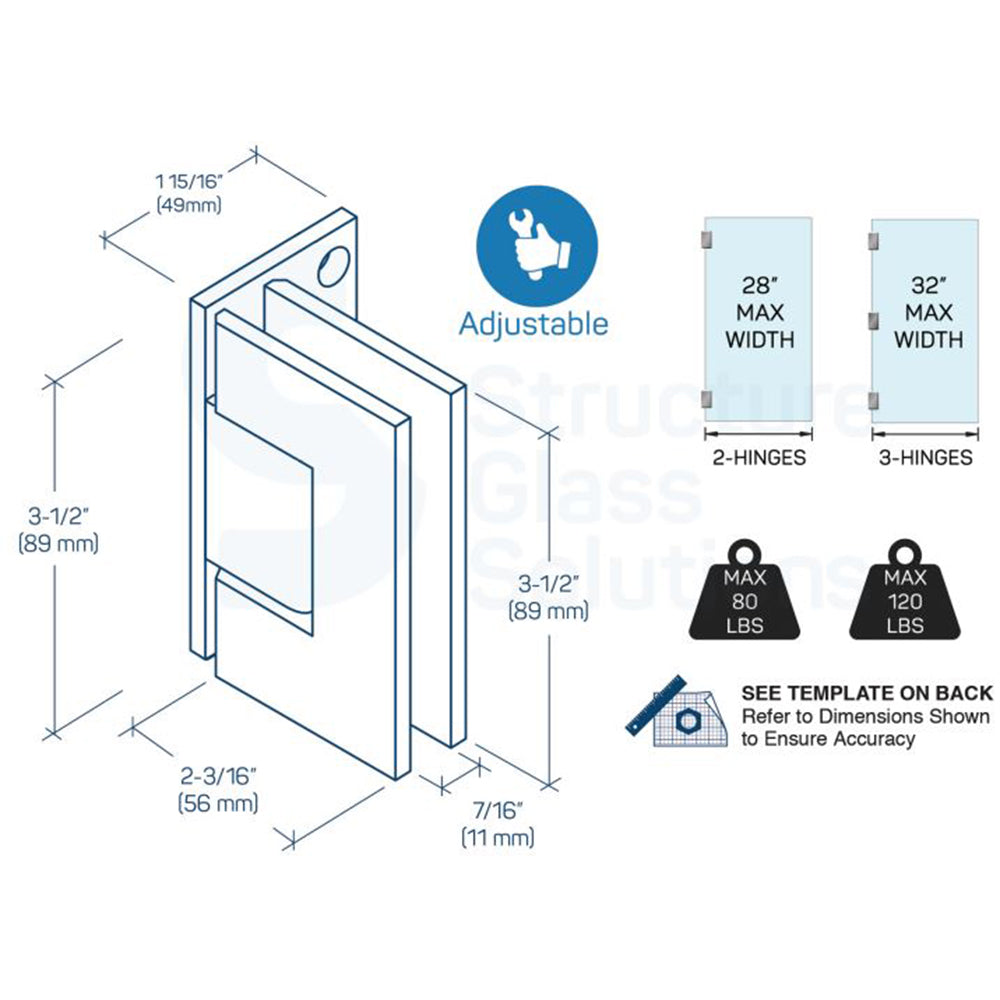 Wall to Glass Offset Back Plate Adjustable Hinge