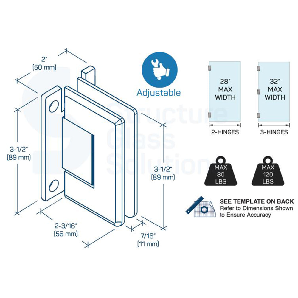 Wall to Glass "H" Back Plate Adjustable Hinge- Beveled