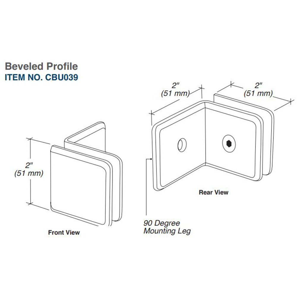 FHC FHC Beveled Wall Mount Glass Clamps With Large Leg CBU039BN
