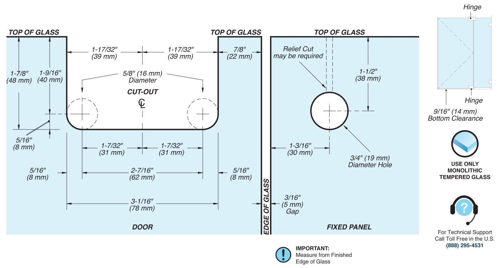 FHC FHC Cambria Grande Pivot Hinge With Attached U - Clamp Reversible For 1/2" Glass CAMGS07BN