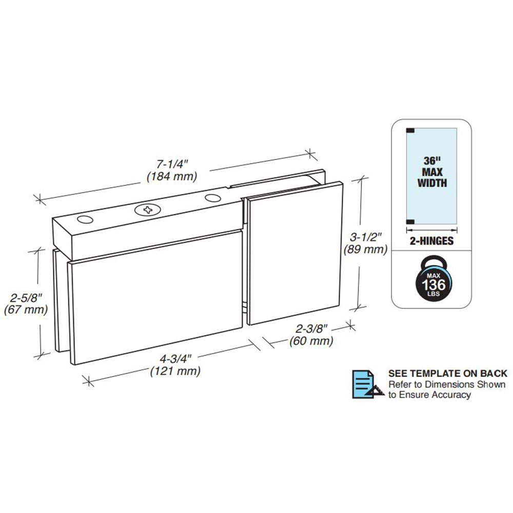 FHC FHC Cambria Grande Pivot Hinge With Attached U - Clamp Reversible For 1/2" Glass CAMGS07BN
