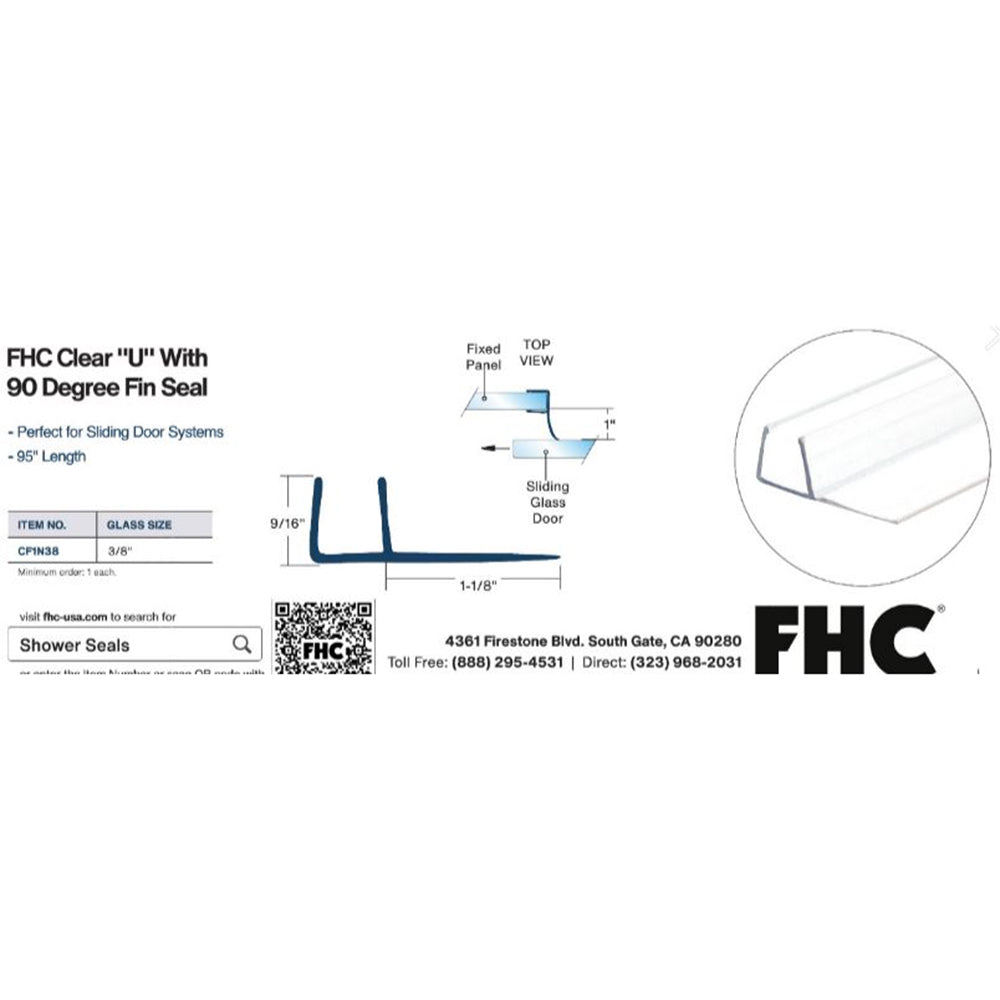 FHC Clear U-Channel with 90 Degree Fin Seal For 3/8" Glass - 95" Long