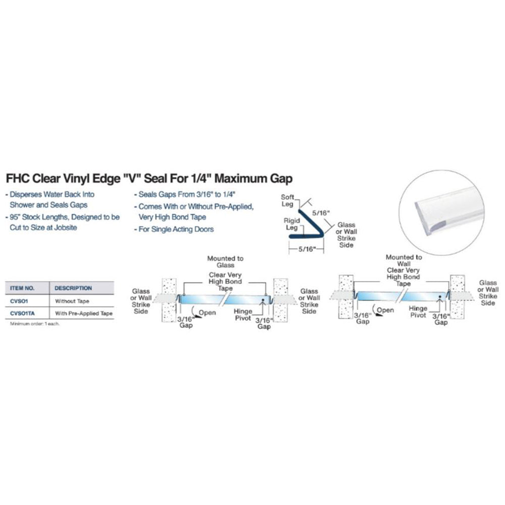 FHC Clear Vinyl Edge 'V' Seal for 1/4" Maximum Gap - 95" Long