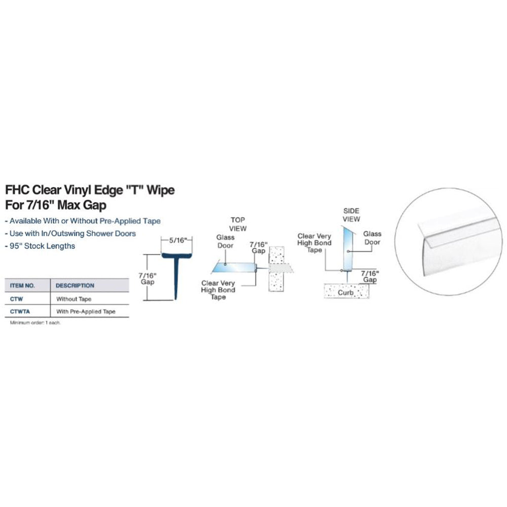 FHC Clear Vinyl Edge 'T' Wipe for 7/16" Max Gap - 95" Long