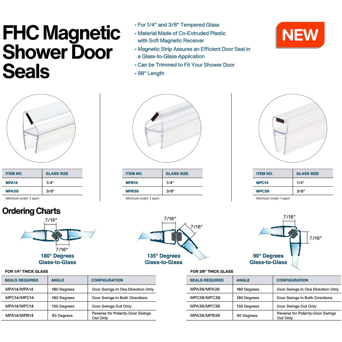 FHC Magnetic Shower Door Seal for Glass - 98" Long