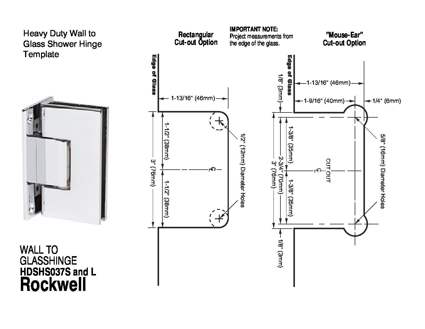 Rockwell Heavy Duty Square Corner Shower Hinge, Full Back Plate