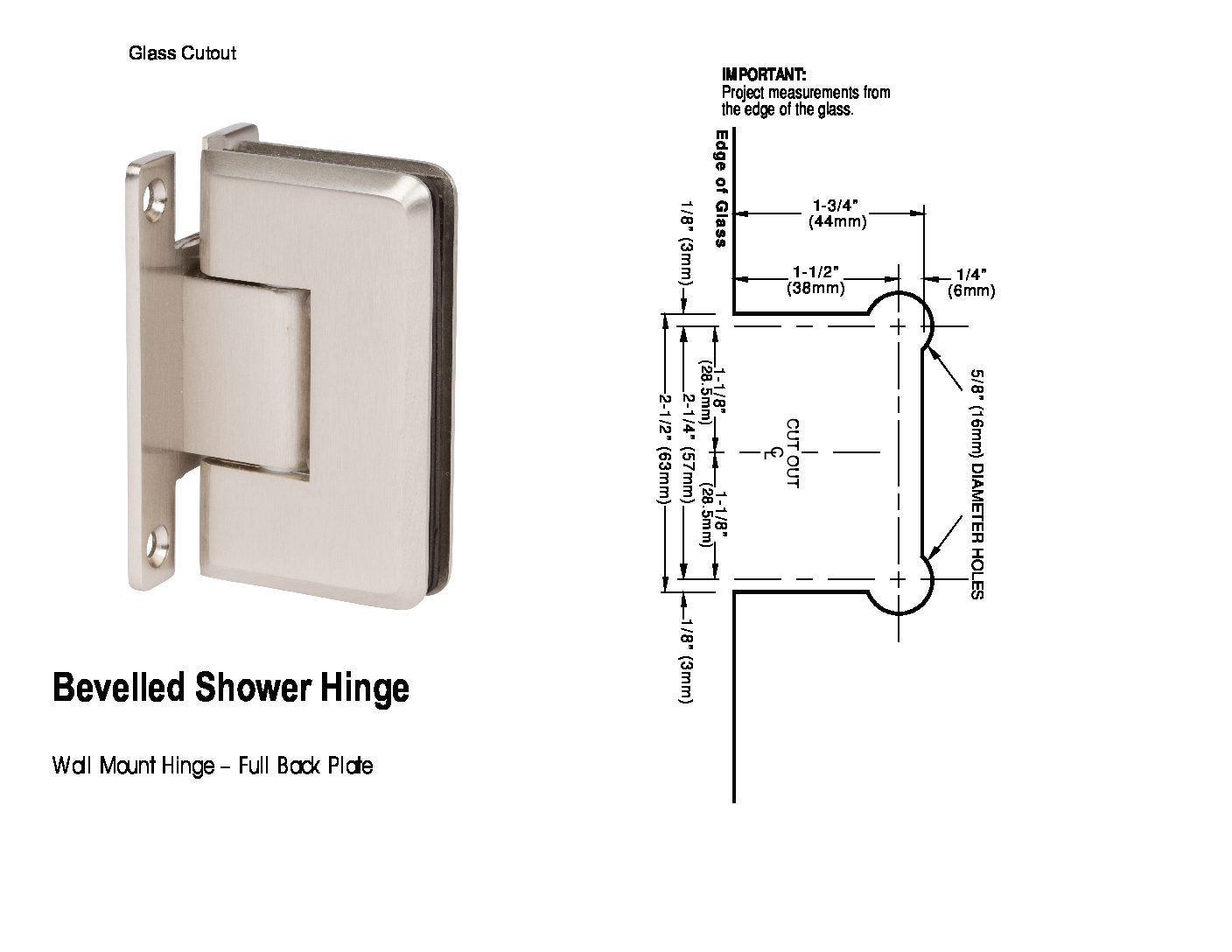 Wall to Glass Bevelled Shower Hinge for Frameless Heavy Glass Shower Doors