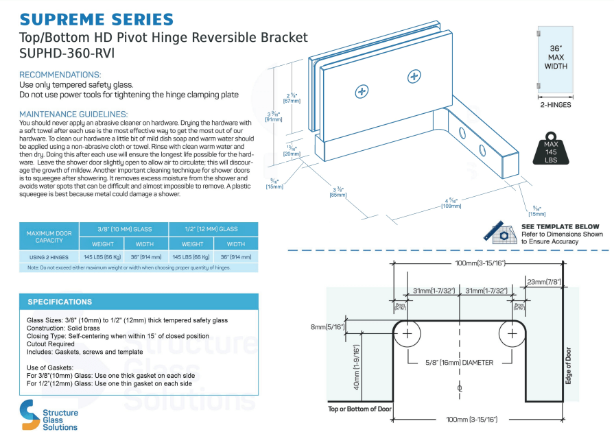 Structure Glass Solutions HEAVY DUTY Reversible Pivot Hinge Wall Mount Bracket LRG-360-RVL Bracket-Brushed Nickel