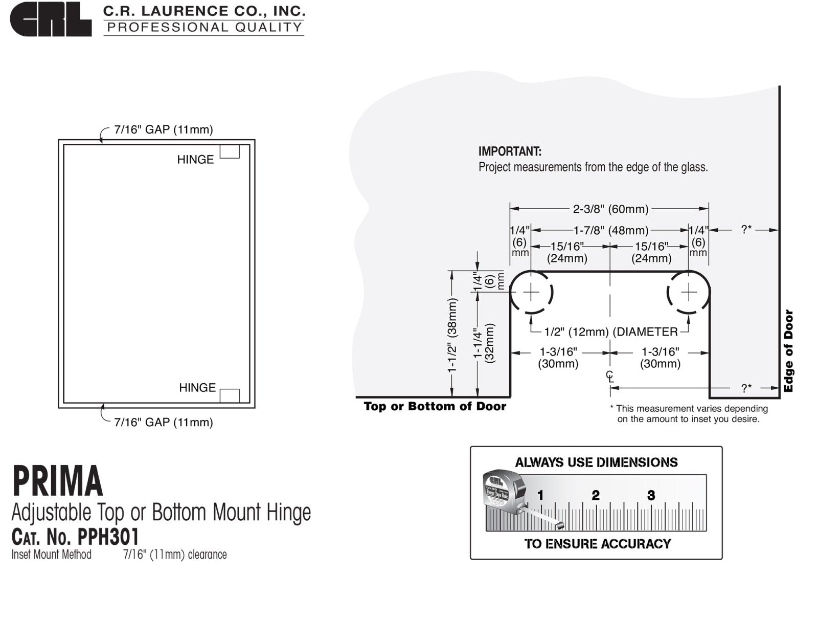 CRL Adjustable Prima Series Hinge PPH3010RB