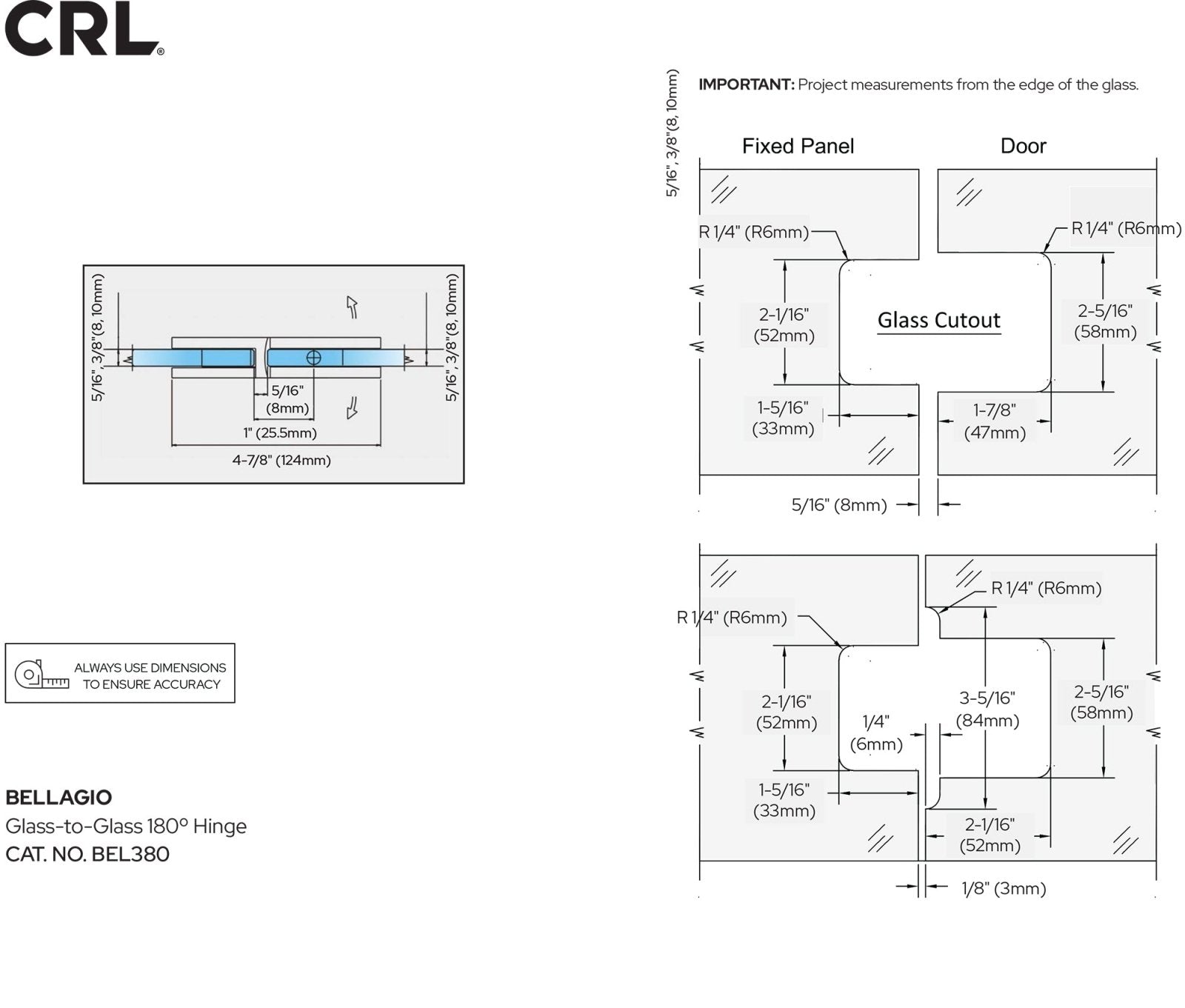 CRL Bellagio Glass - to - Glass 180 Degree Hinge BEL380BBRZ