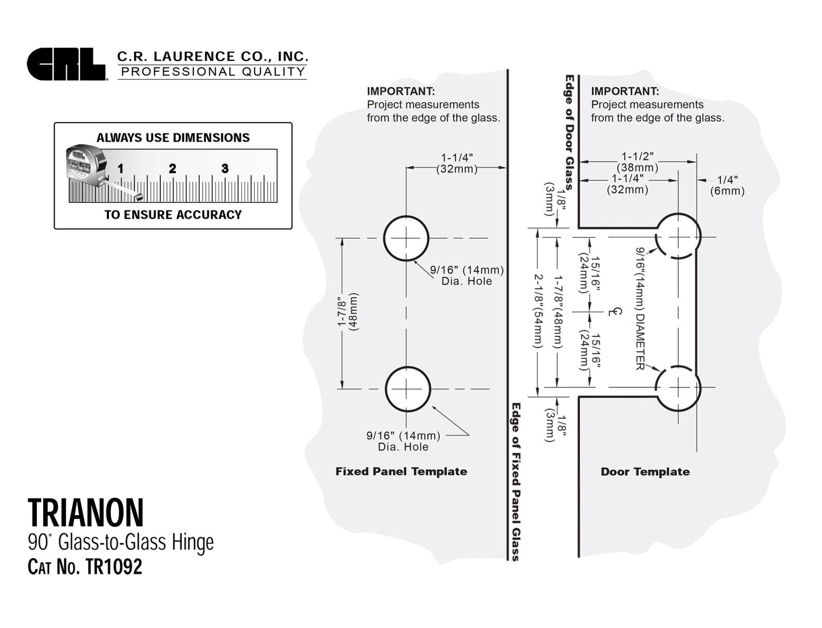 CRL Brushed Nickel Trianon 092 Series 90 Degree Glass - to - Glass Hinge TR1092BN