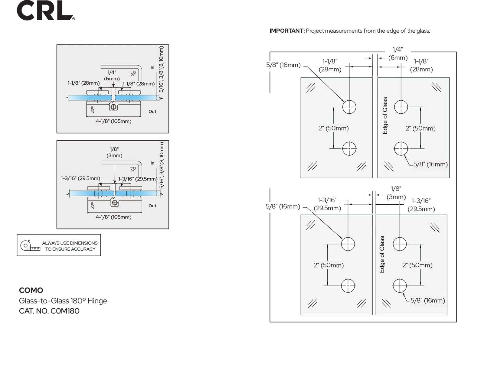 CRL Como Series 180°Glass - to - Glass hinge C0M180BBRZ