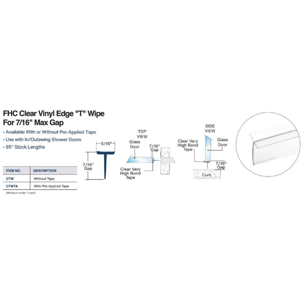 FHC FHC Clear Vinyl Edge 'T' Wipe for 7/16" Max Gap - 95" Long CTWTA