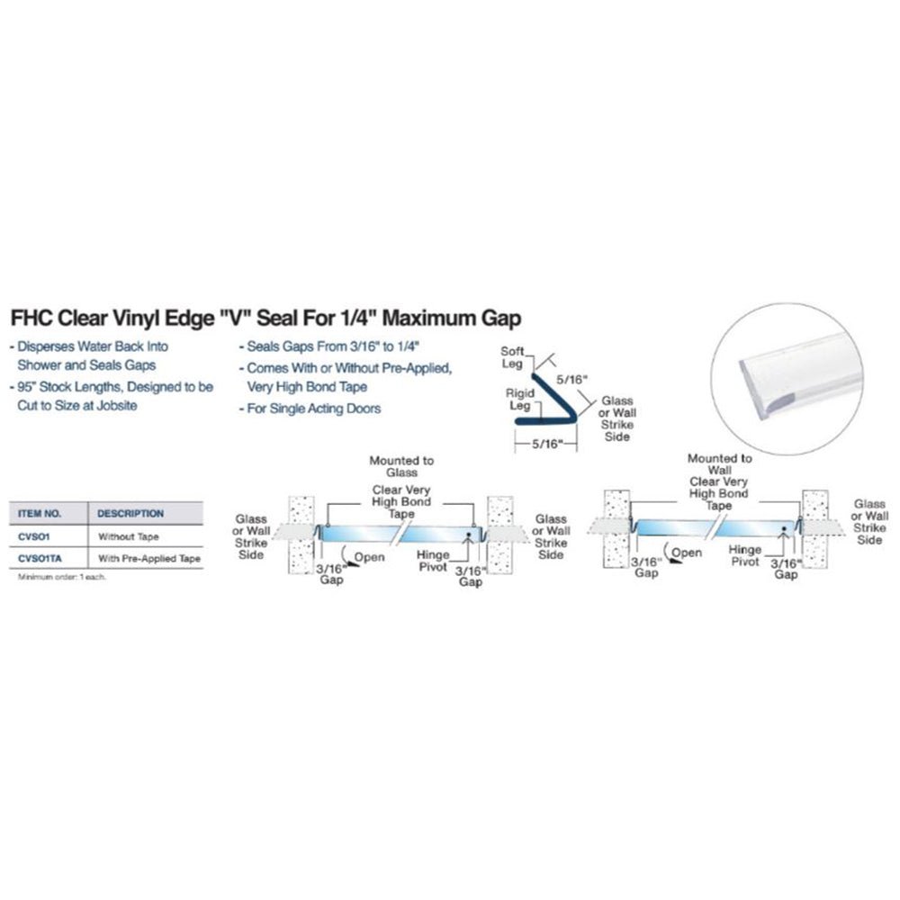 FHC FHC Clear Vinyl Edge 'V' Seal for 1/4" Maximum Gap - 95" Long CVS01TA