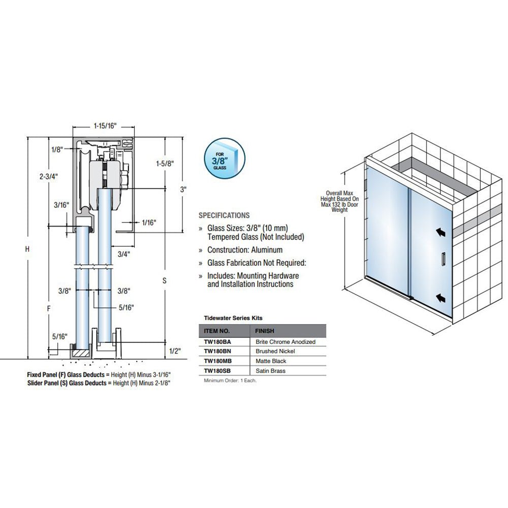 FHC FHC TideWater Series Soft - Stop Sliding Shower Door Kit For 3/8" Glass TW180BN