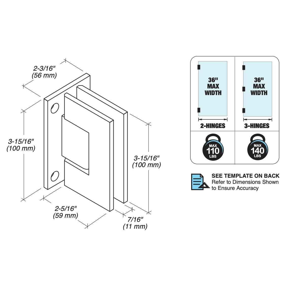 FHC FHC Venice Adjustable Square Wall Mount Hinge Full Back Plate VENA4BN