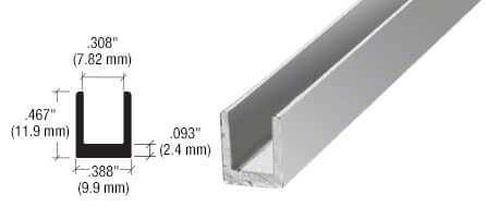 CRL Frameless Shower Door Aluminum Regular U - Channel for Thick Glass - 144 Inch D631BA