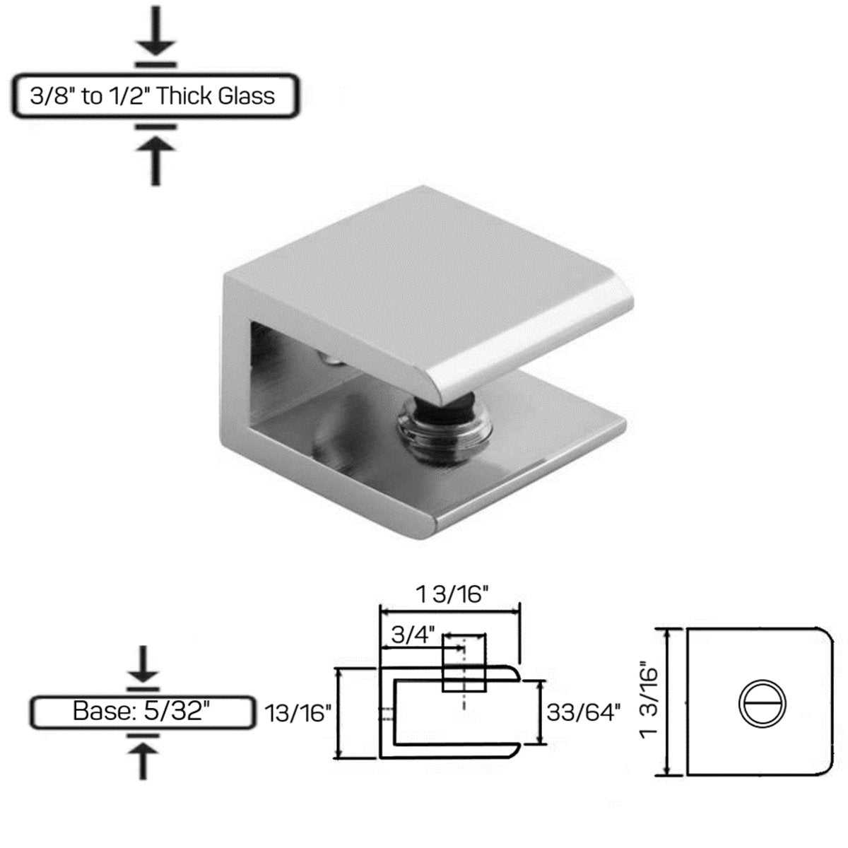 Structure Glass Solutions GCN - 1 No Fabrication Fixed Panel Glass Clamp for 1/4" to 1/2" Thick Glass GCN - 1  Brushed Nickel