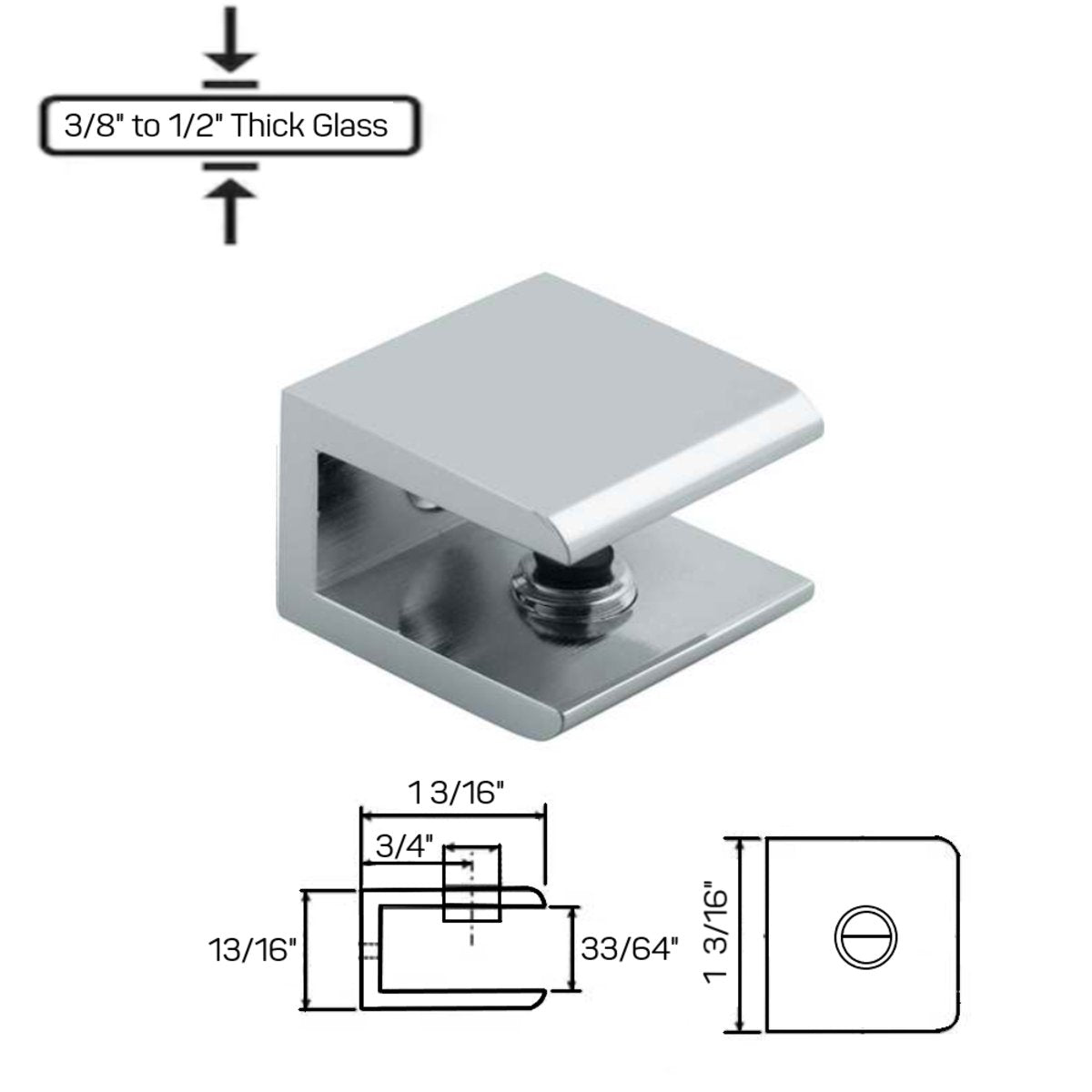 Structure Glass Solutions GCN - 1 No Fabrication Fixed Panel Glass Clamp for 1/4" to 1/2" Thick Glass GCN - 1 - Chrome