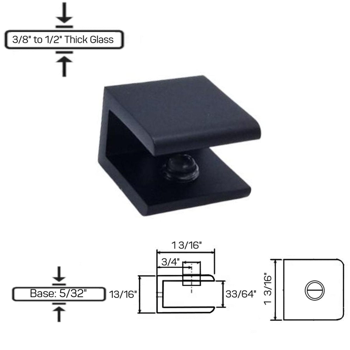 Structure Glass Solutions GCN - 1 No Fabrication Fixed Panel Glass Clamp for 1/4" to 1/2" Thick Glass GCN - 1 ORB Matte Black