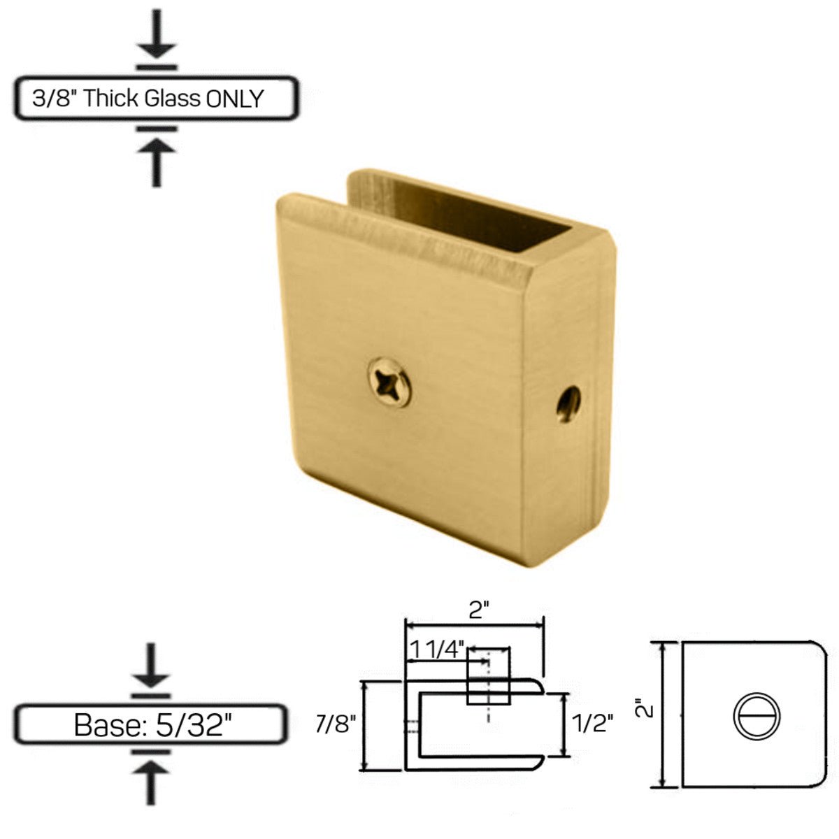 Structure Glass Solutions GCN - 2 No Fabrication Fixed Panel Glass Clamp for 3/8" Thick Glass Only GCN - 2 - Brushed Gold