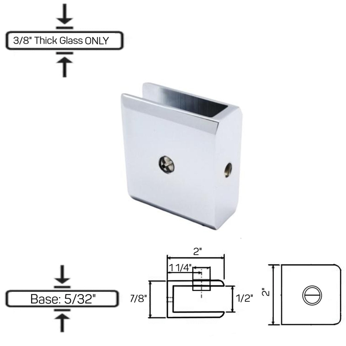 Structure Glass Solutions GCN - 2 No Fabrication Fixed Panel Glass Clamp for 3/8" Thick Glass Only GCN - 2 - Chrome