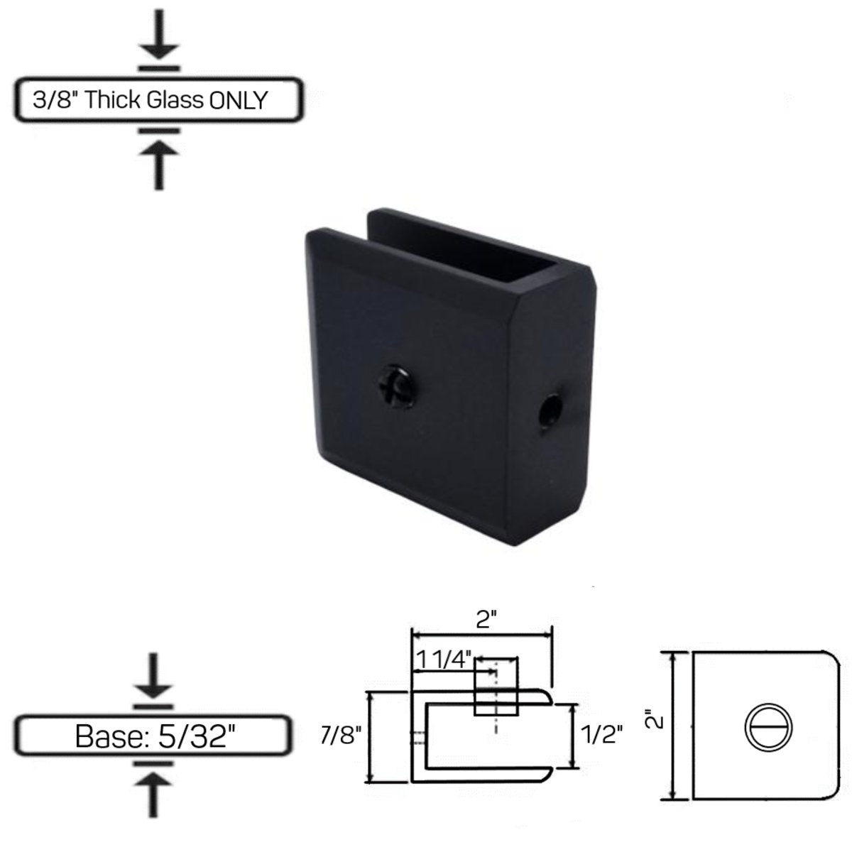 Structure Glass Solutions GCN - 2 No Fabrication Fixed Panel Glass Clamp for 3/8" Thick Glass Only GCN - 2 - ORB Matte Black