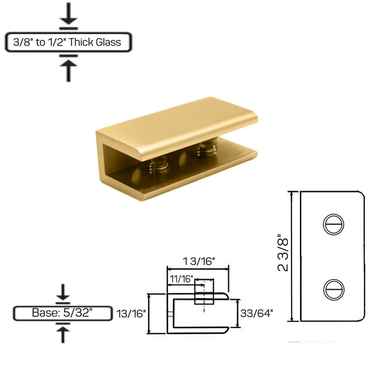 Structure Glass Solutions GCN - 3 No Fabrication Fixed Panel Glass Clamp for 1/4" to 1/2" Thick Glass GCN - 3 - Brushed Gold