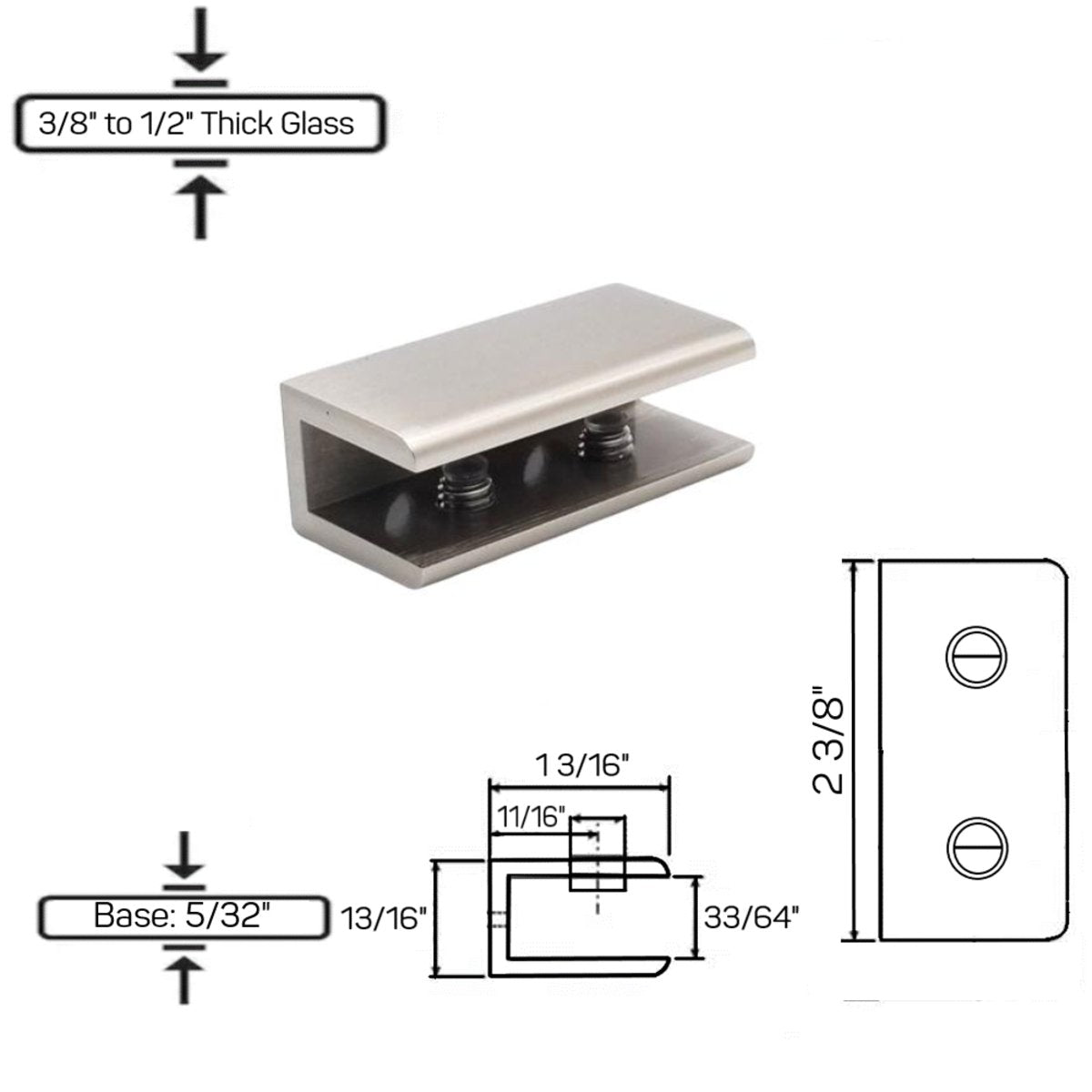 Structure Glass Solutions GCN - 3 No Fabrication Fixed Panel Glass Clamp for 1/4" to 1/2" Thick Glass GCN - 3 Brushed Nickel