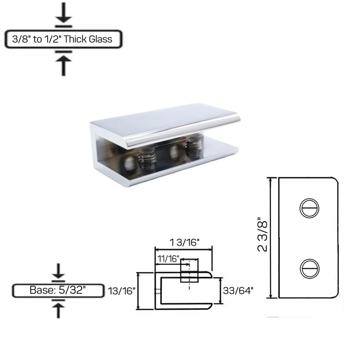 Structure Glass Solutions GCN - 3 No Fabrication Fixed Panel Glass Clamp for 1/4" to 1/2" Thick Glass GCN - 3 - Chrome