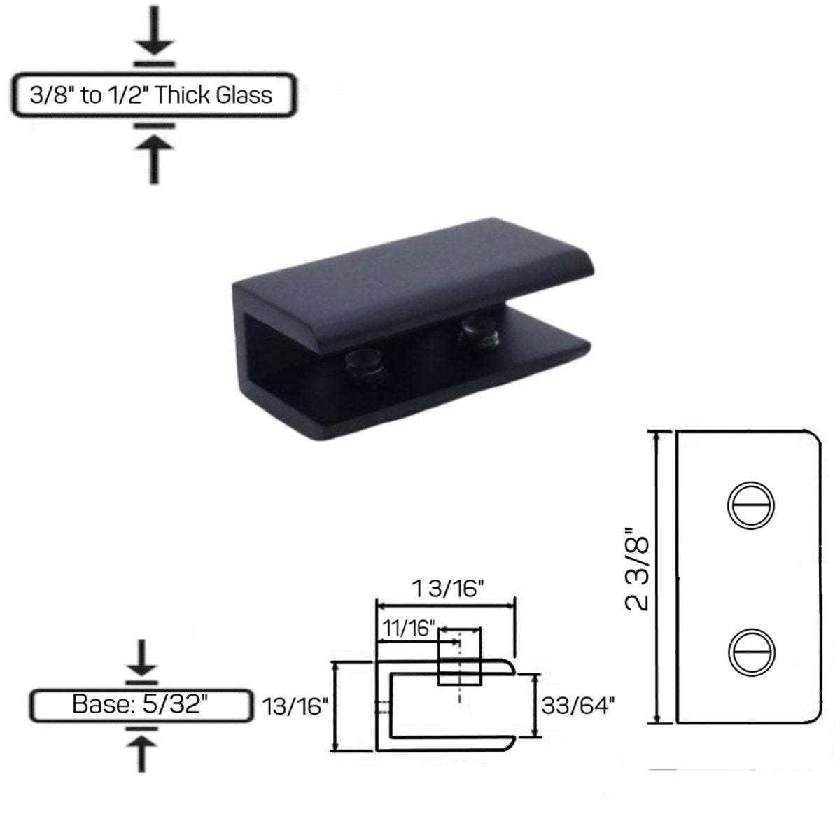 Structure Glass Solutions GCN - 3 No Fabrication Fixed Panel Glass Clamp for 1/4" to 1/2" Thick Glass GCN - 3 ORB Matte Black