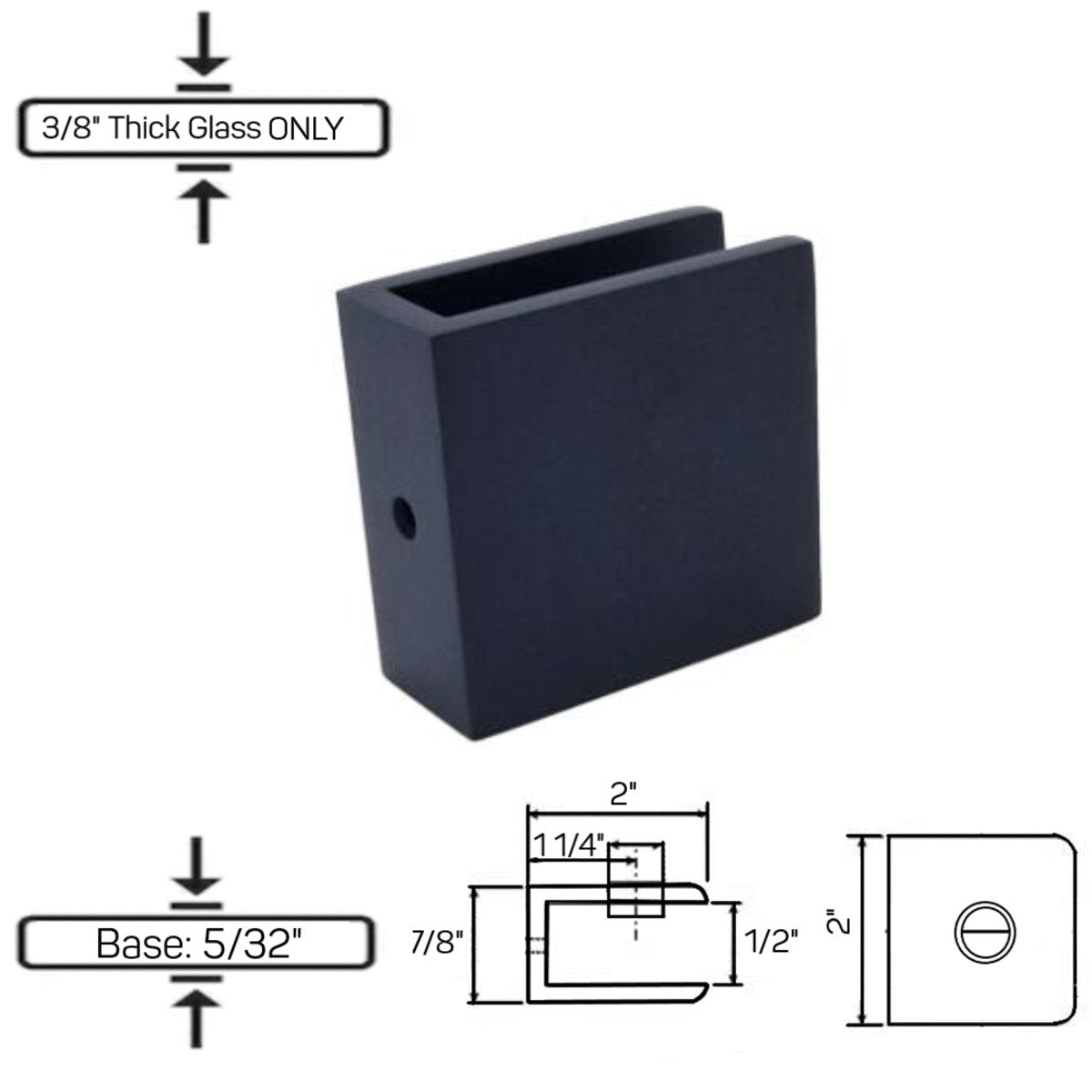 Structure Glass Solutions GCN - 4 No Fabrication Fixed Panel Glass Clamp for 3/8" Thick Glass Only GCN - 4 - ORB Matte Black