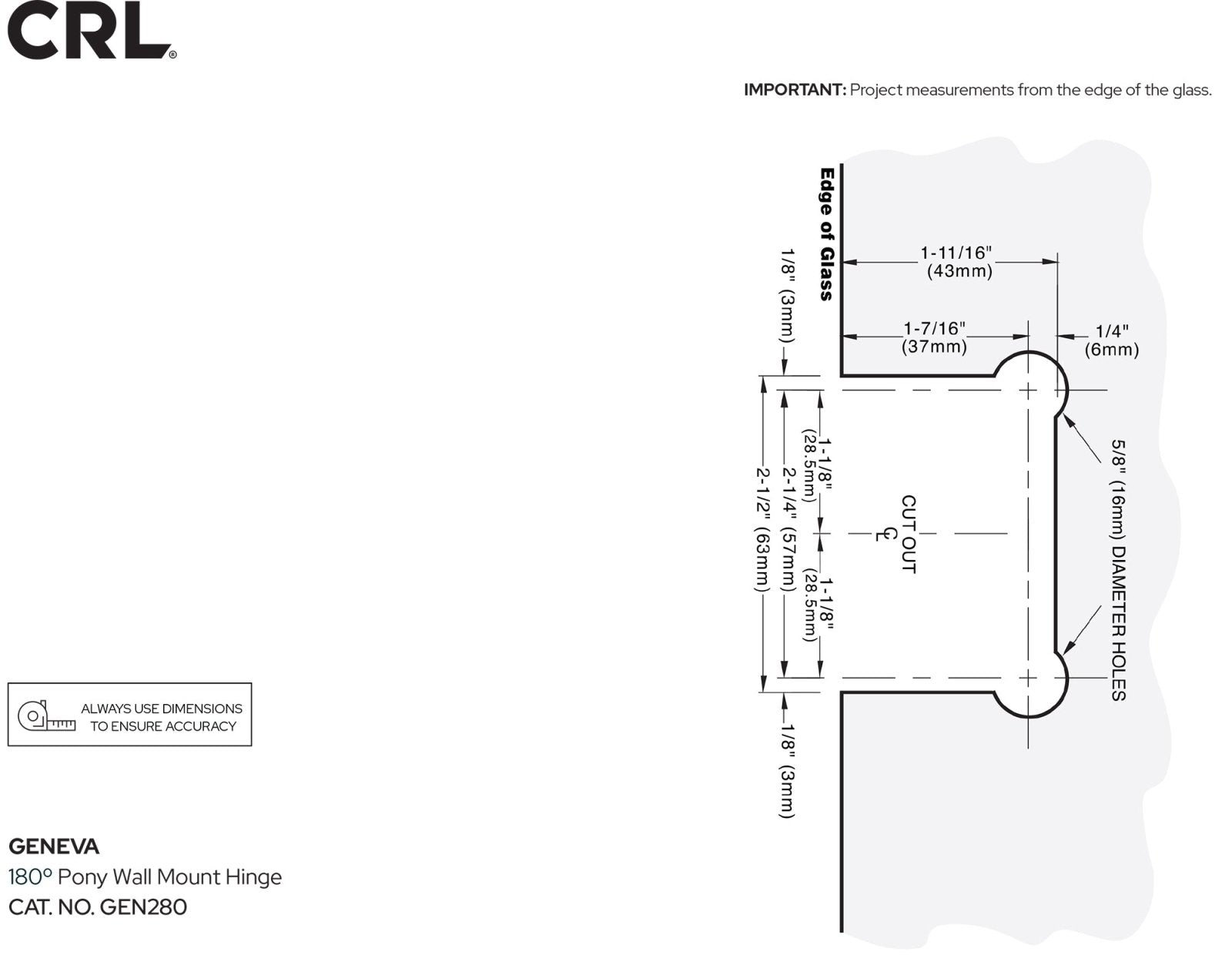 CRL Geneva 280 Series 180 Degree Pony Wall Mount Hinge GEN2800RB