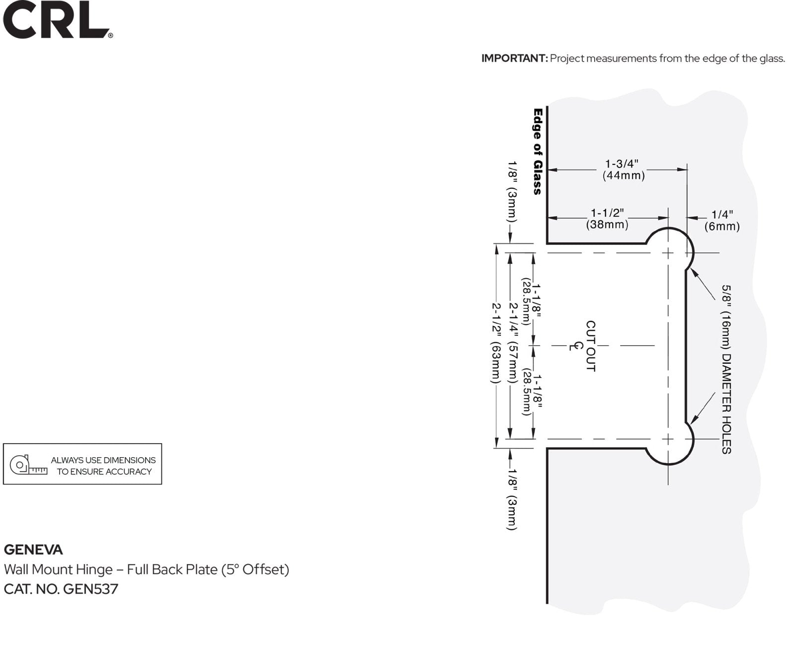 CRL Geneva 537 Series Wall Mount Full Back Plate Standard Hinge With 5 Degree Offset GEN5370RB