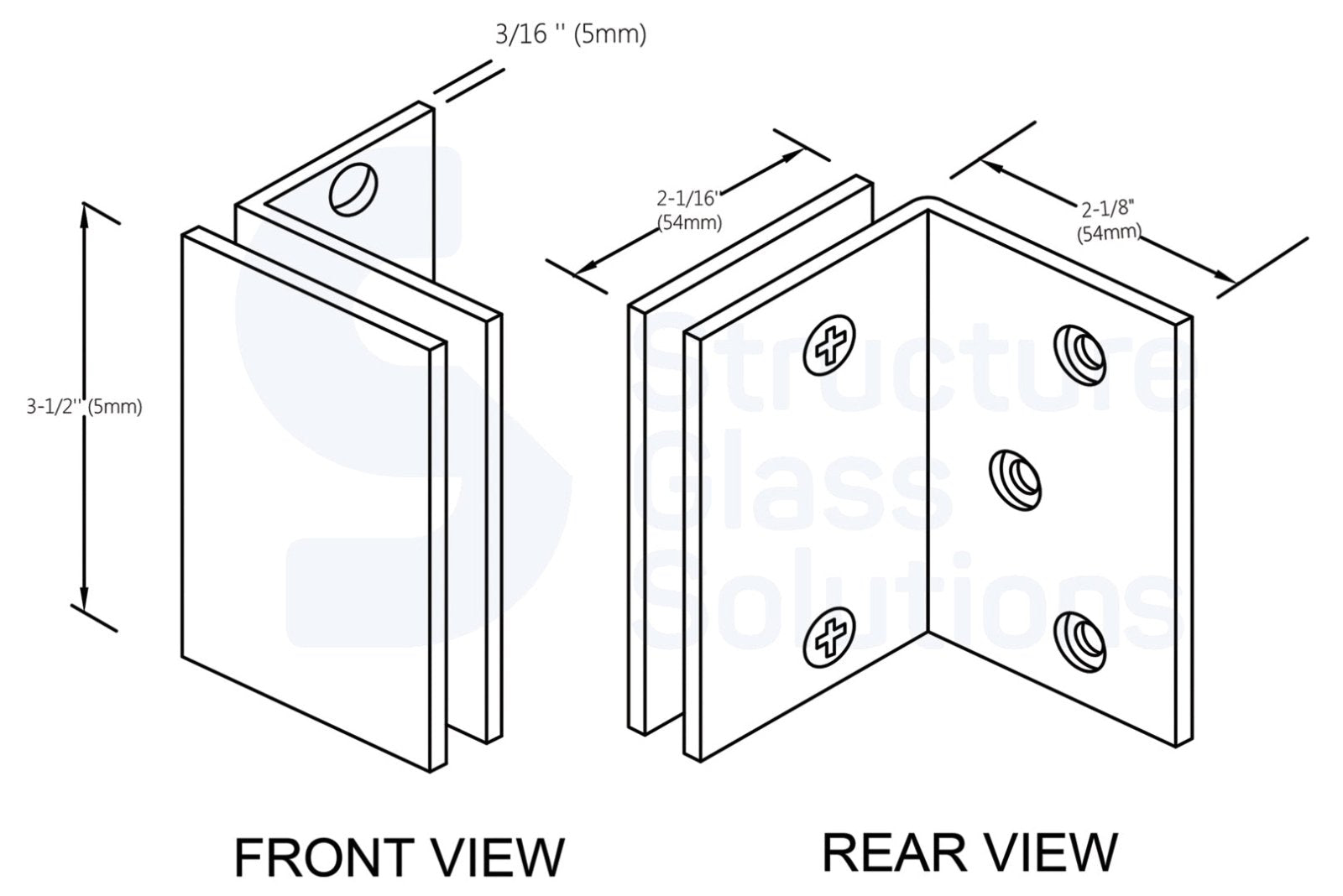 Structure Glass Solutions Heavy Duty 3 1/2" x 2 1/8" Square Edges Glass Clamp