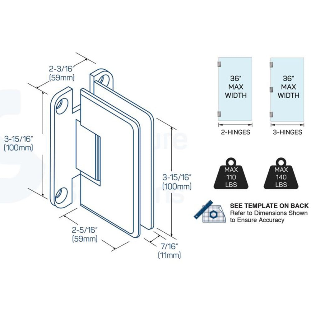 Structure Glass Solutions Heavy Duty Beveled Wall to Glass "H" Back Plate Adjustable Hinge SUPB - 112 - HP - AJ Brushed