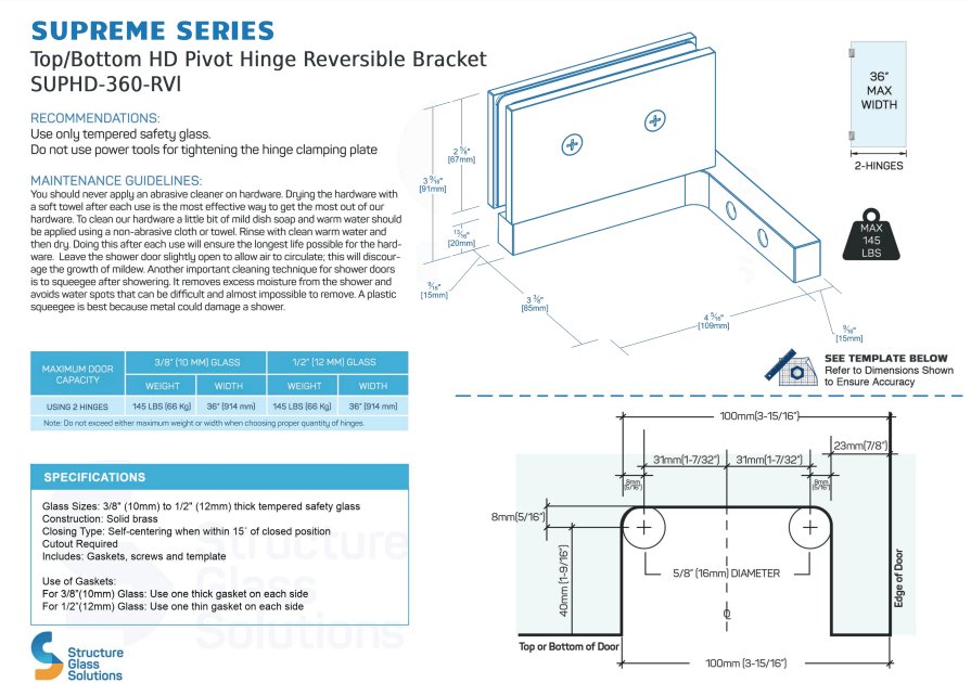 Structure Glass Solutions HEAVY DUTY Reversible Pivot Hinge Wall Mount Bracket LRG - 360 - RVL Bracket - ORB - Matte Black