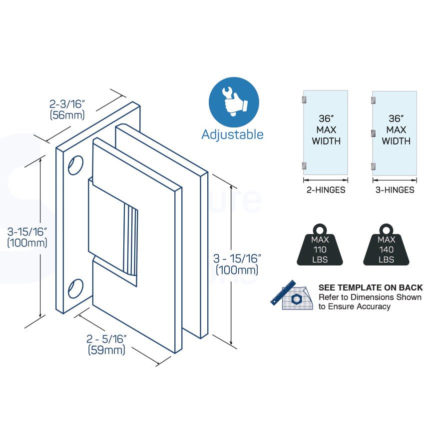 Structure Glass Solutions Heavy Duty Wall to Glass Full Back Plate Adjustable Hinge SUP - 112 - AJ - Brushed Nickel