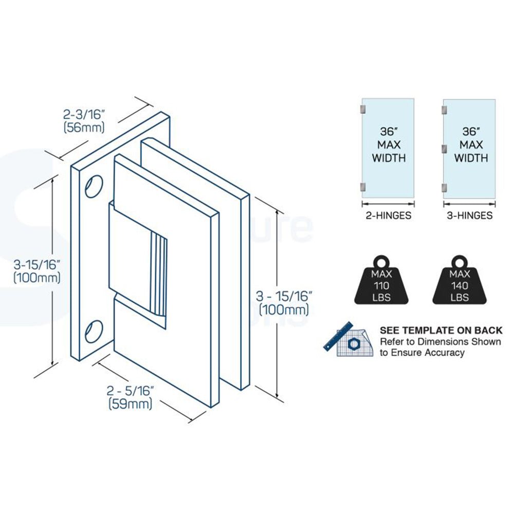 Structure Glass Solutions Heavy Duty Wall to Glass Full Back Plate Hinge SUP - 112 - Brushed Nickel