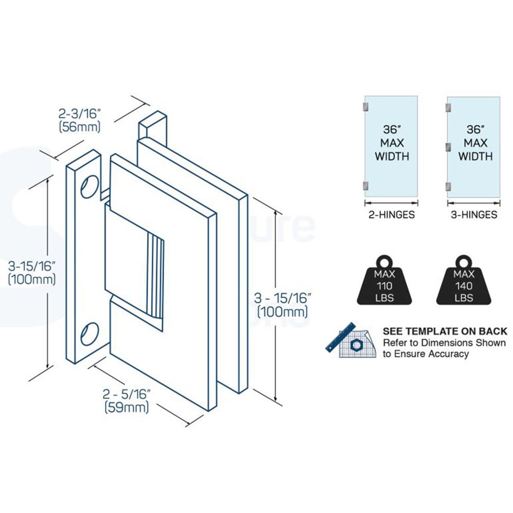 Structure Glass Solutions Heavy Duty Wall to Glass "H" Back Plate Hinge SUP - 112 - HP - Brushed Nickel