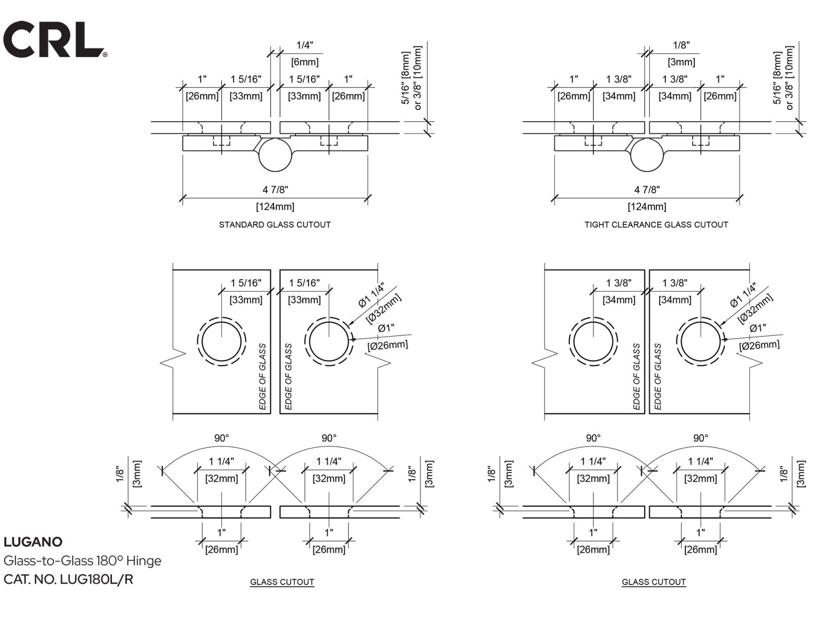 CRL Lugano Series Glass to Glass 180 Degree Hinge - For Left Hand Door LUG180RBBRZ