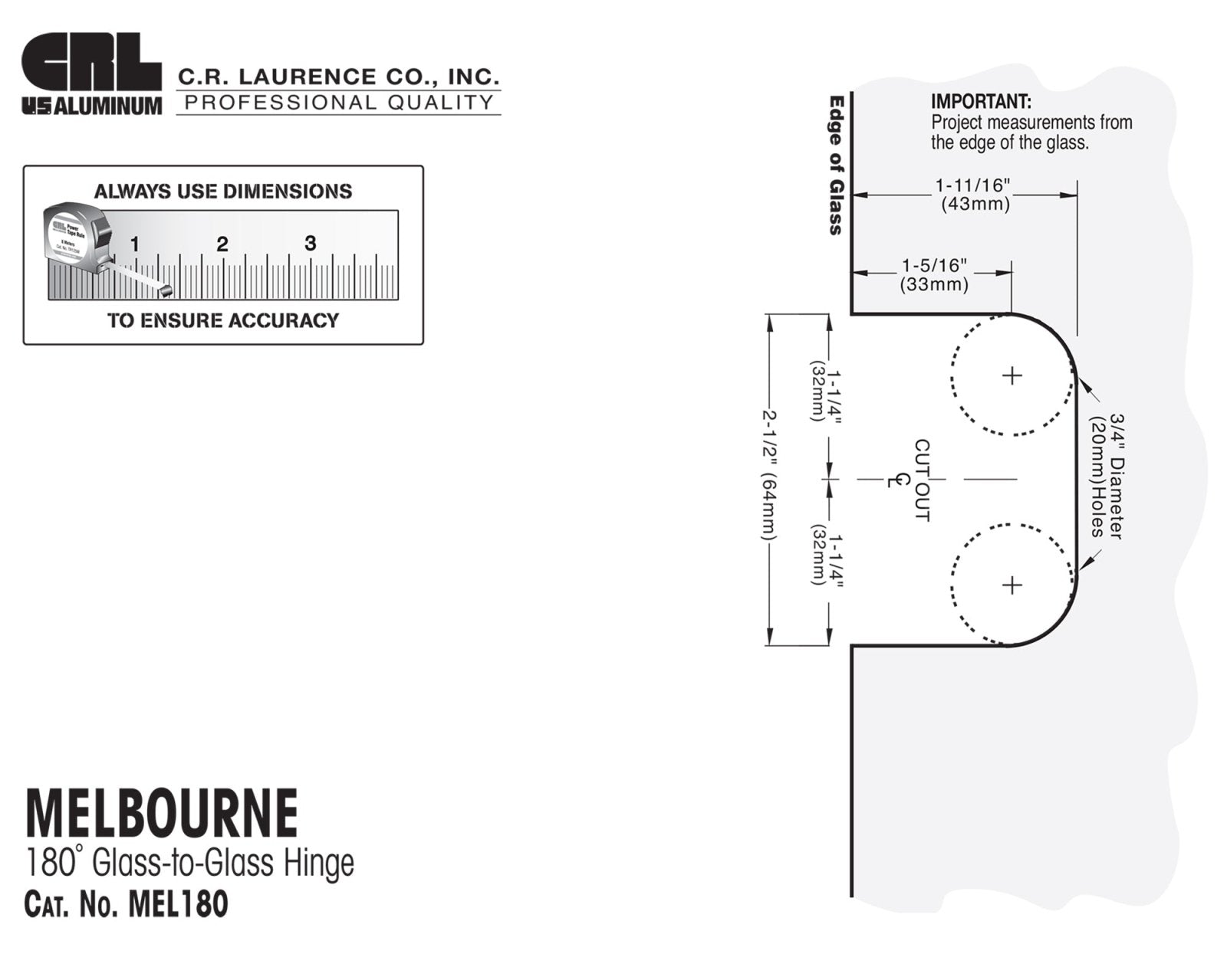 CRL Melbourne 180 Degree Glass - to - Glass Hinge MEL180BN