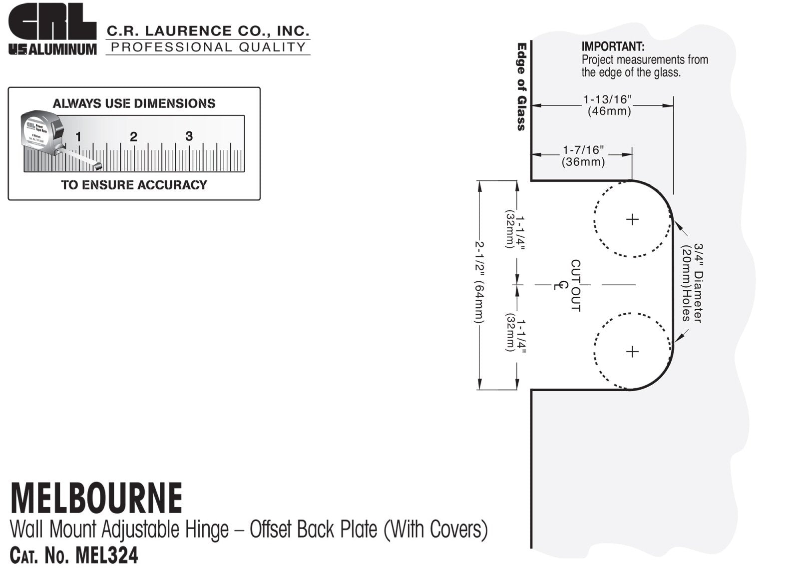 CRL Melbourne Adjustable Wall Mount Offset Back Plate with Cover Plate Hinge MEL324BN