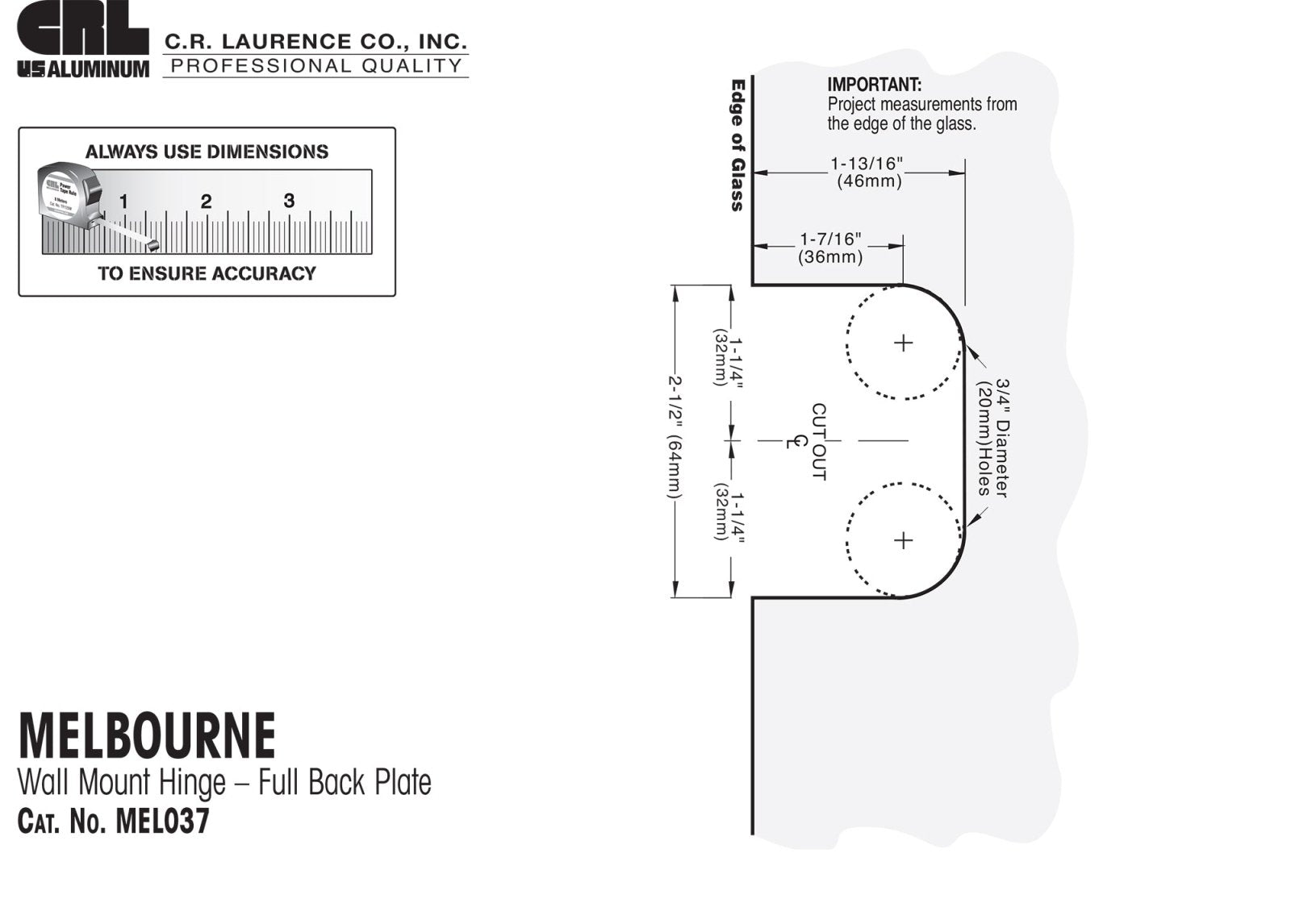 CRL Melbourne Wall Mount Full Back Plate Hinge MEL037CH