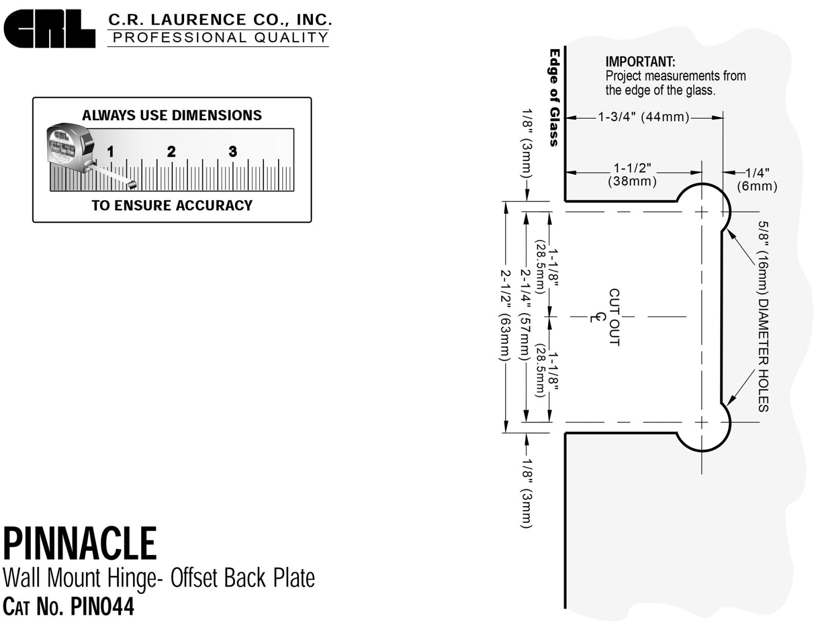 CRL Pinnacle 044 Series Wall Mount Offset Back Plate Hinge P1N044ABR