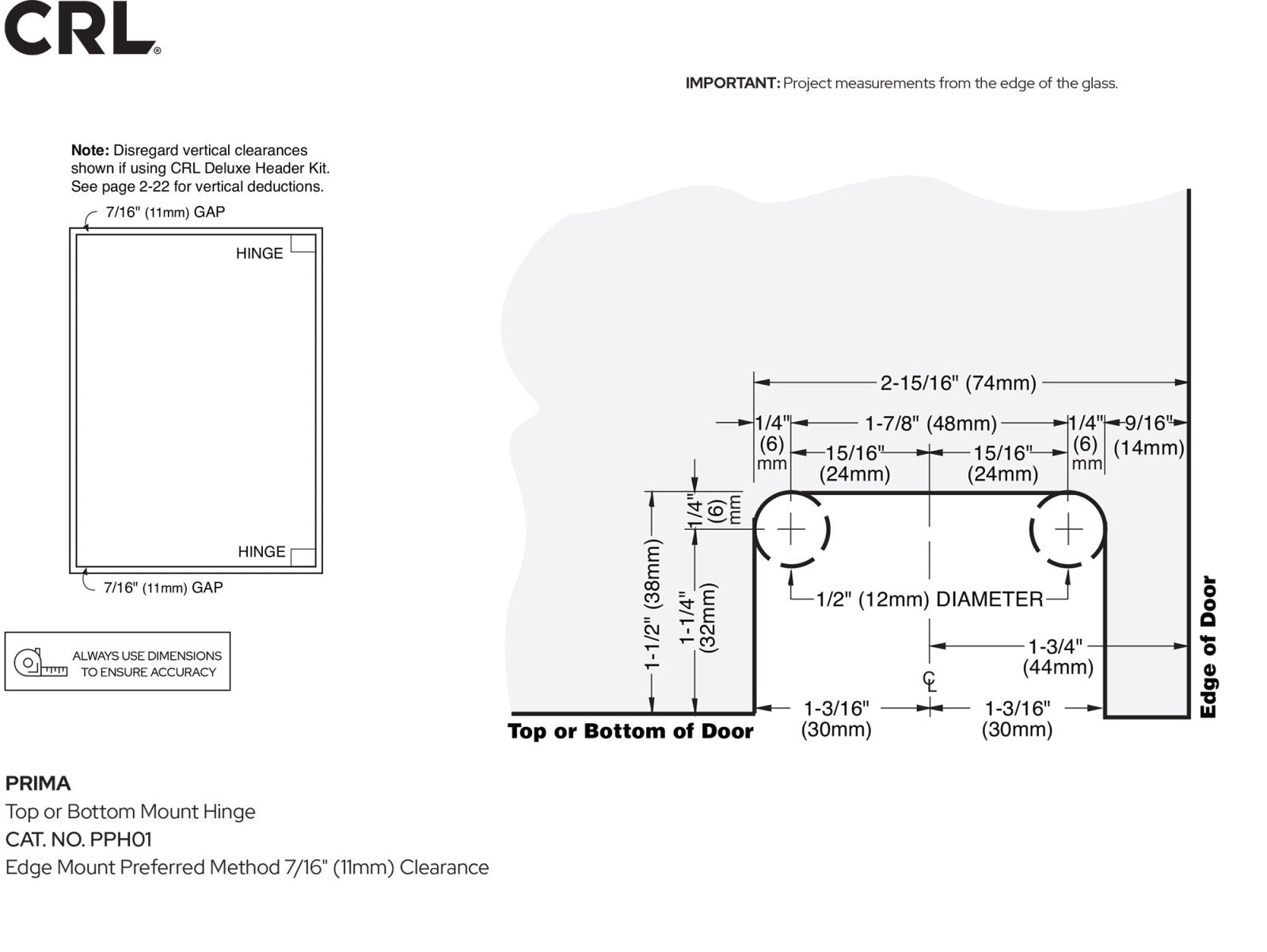 CRL Prima 01 Series Top or Bottom Mount Hinge PPH010RB