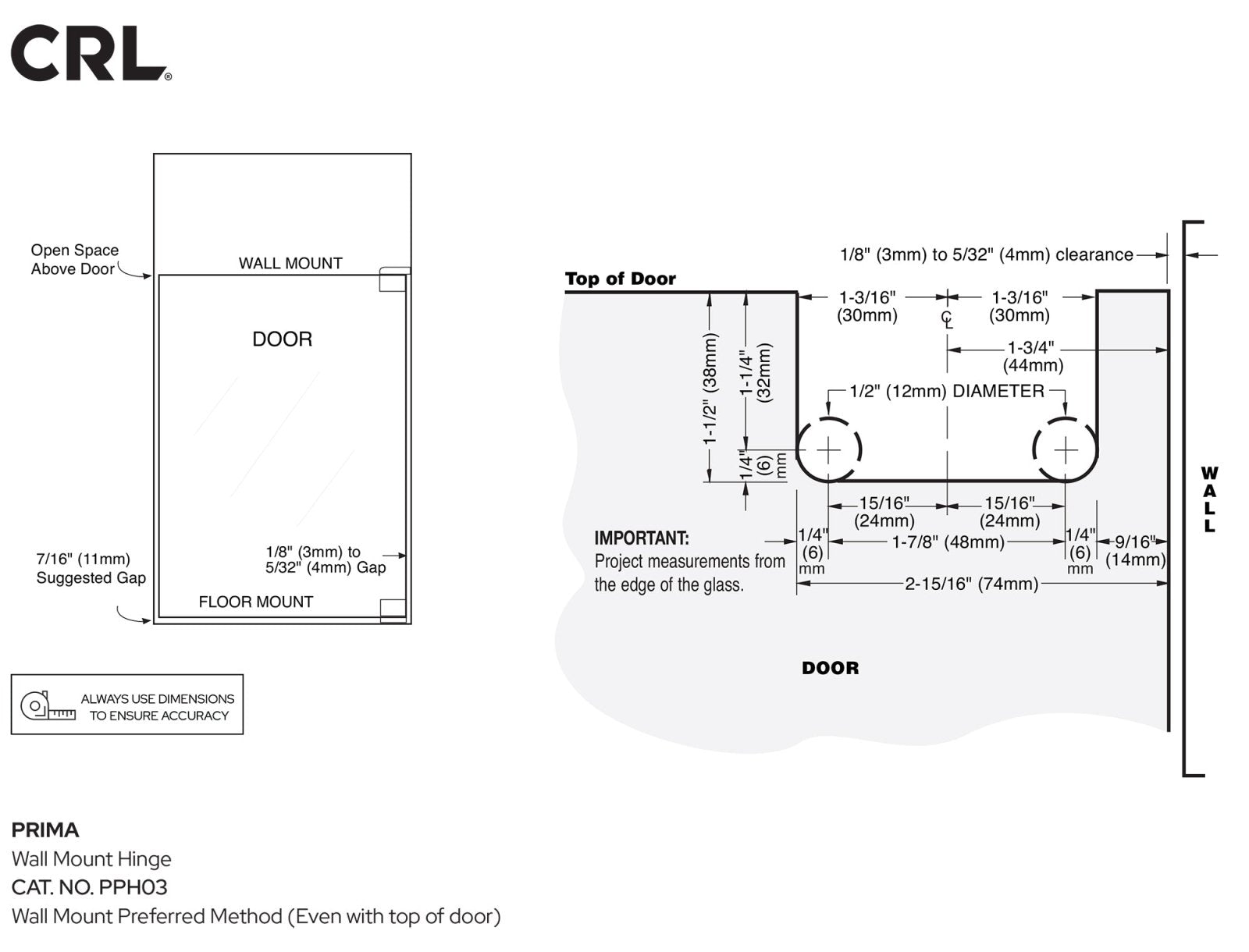 CRL Prima 03 Series Wall Mount Hinge PPH030RB