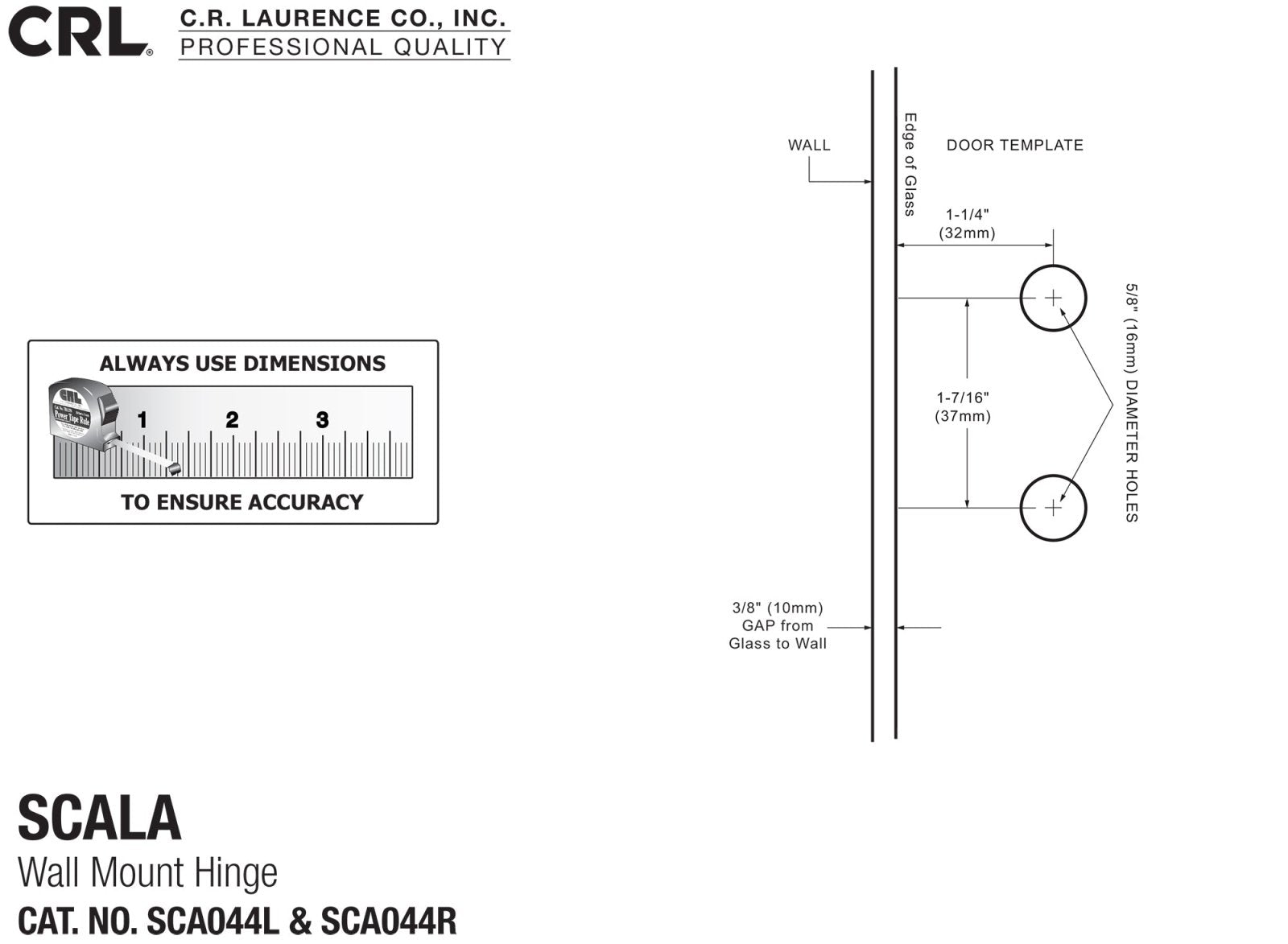 CRL Scala Wall Mount Left Hand Hinge SCA044LBN