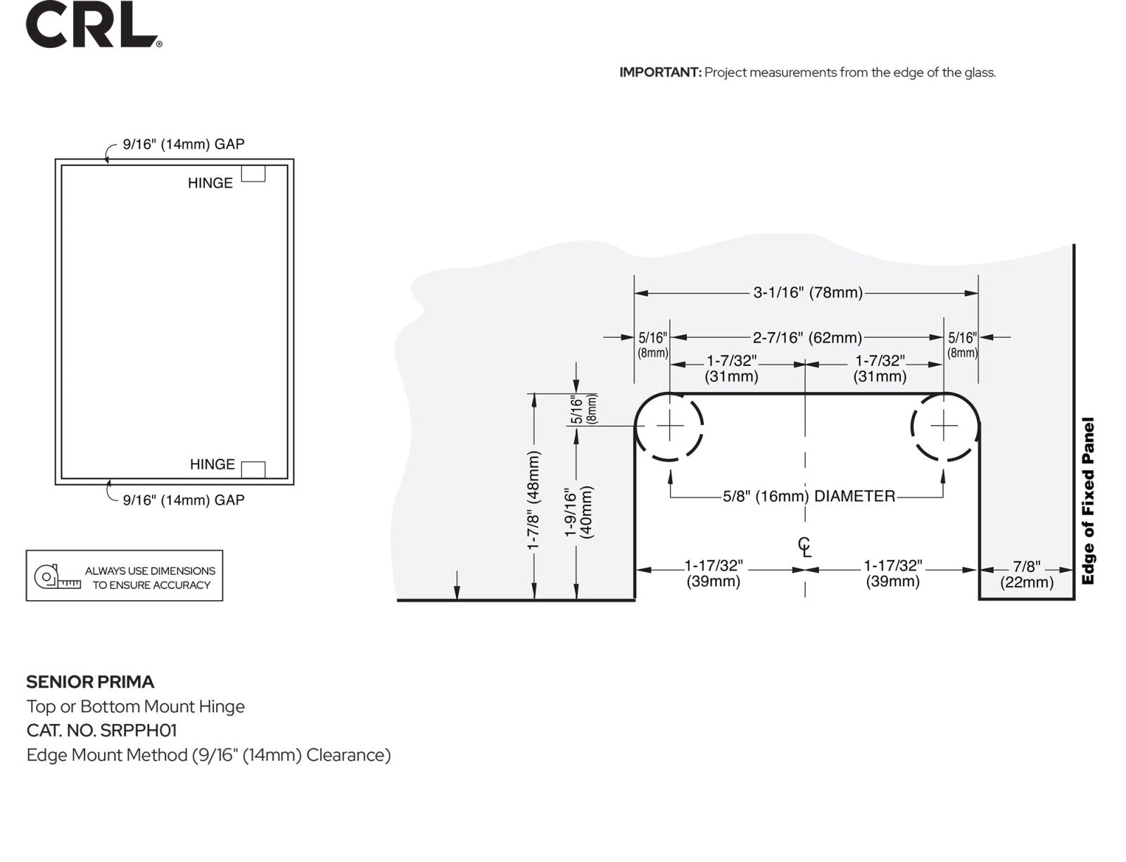 CRL Senior Prima 01 Series Top or Bottom Mount Hinge SRPPH010RB