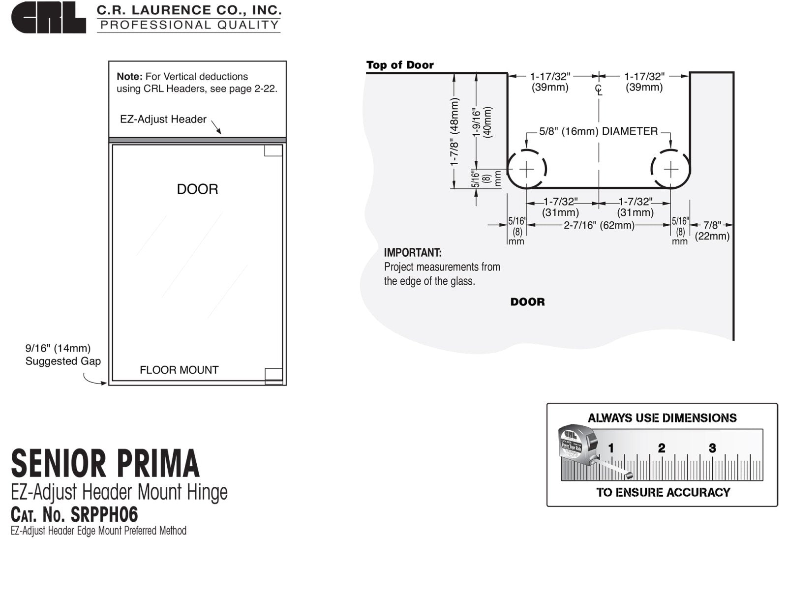 CRL Senior Prima 06 Series EZ - Adjust Top Mount Hinge SRPPH060RB